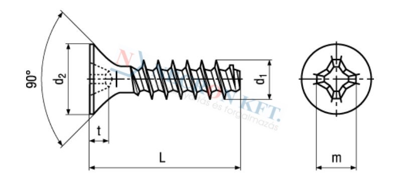 Süllyesztettfejű kereszthornyú PT-csavar (NCN13580-A2-0050)